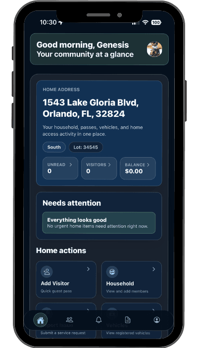 NeighborKonnect mobile app dashboard in dark mode